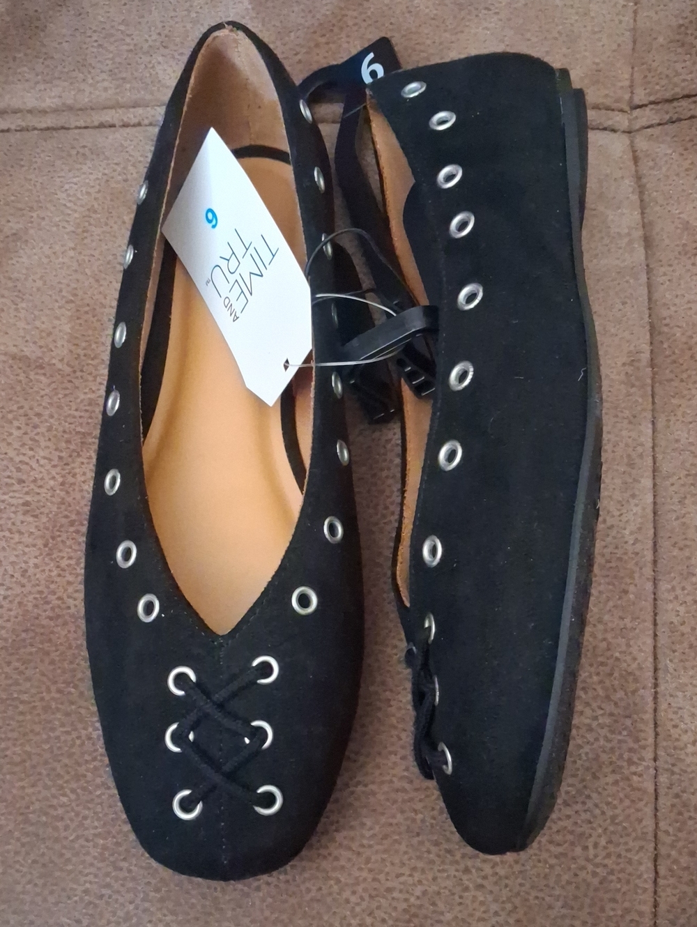 Time and Tru Black Grommet Lace-Up Faux Suede Ballet Flats Black Size 6